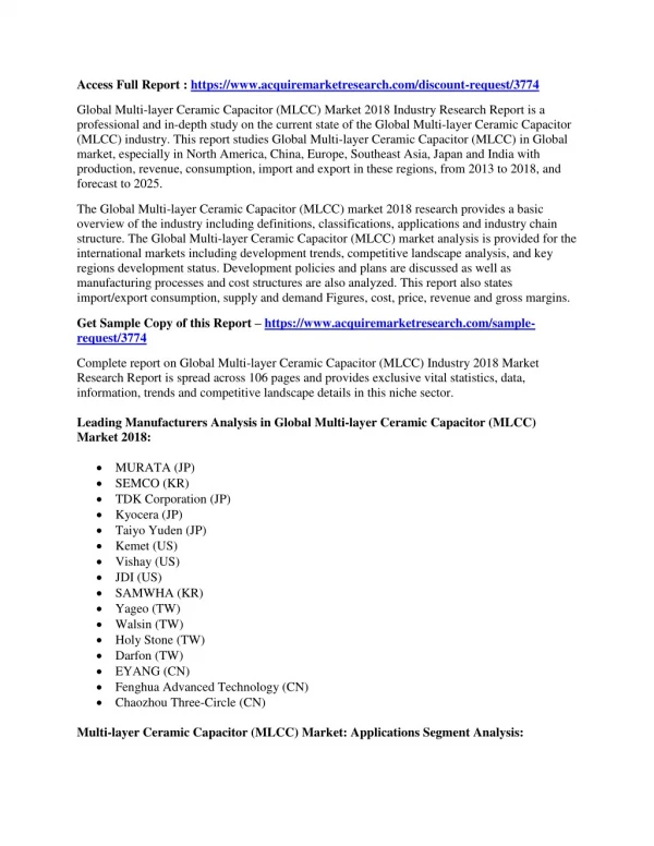 Multi-layer Ceramic Capacitor (MLCC) Market Outlook, Size, Trends & Sales in 2018 Reports