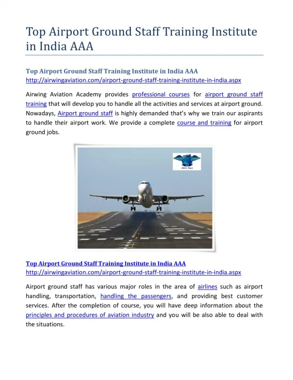 Top Airport Ground Staff Training Institute in India AAA