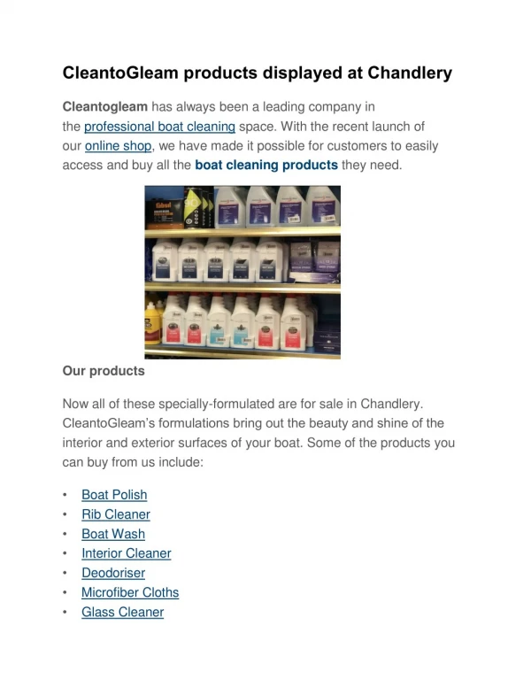 CleantoGleam products displayed at Chandlery