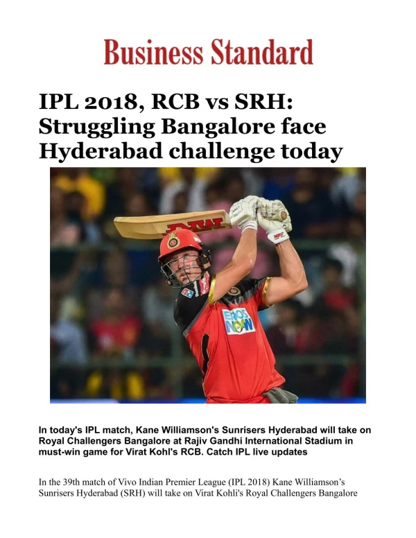Vivo IPL 2018, RCB vs SRH: Struggling Bangalore face Hyderabad challenge today