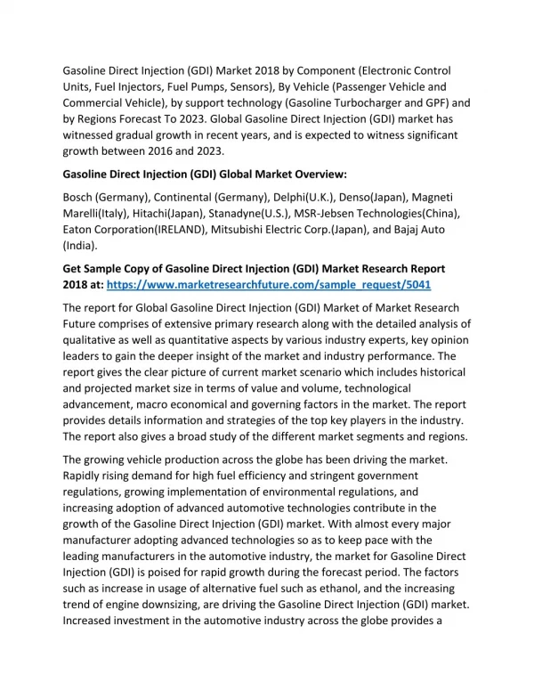 Gasoline Direct Injection (GDI) Global Market Trends, Growth Factors, and Regional Forecast To 2023