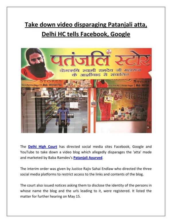 Take down video disparaging Patanjali atta, Delhi HC tells Facebook, Google