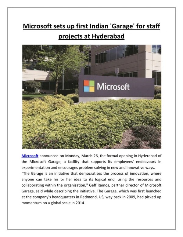 Microsoft sets up first Indian 'Garage' for staff projects at Hyderabad