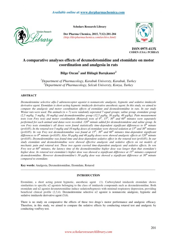 A comparative analyses effects of dexmedetomidine and etomidate on motor coordination and analgesia in rats