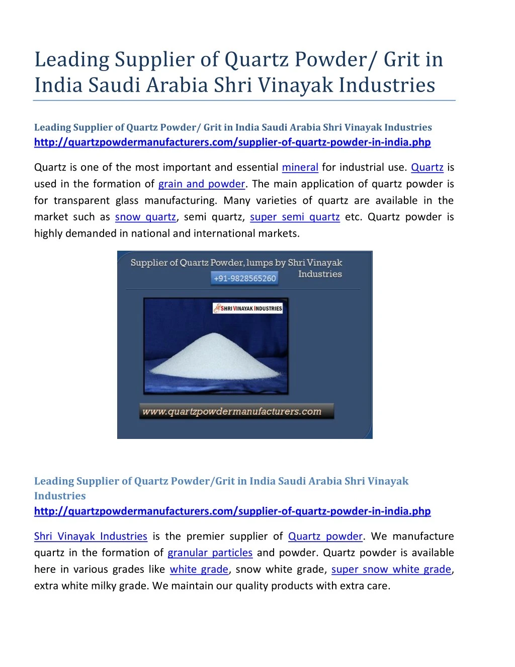 leading supplier of quartz powder grit in india
