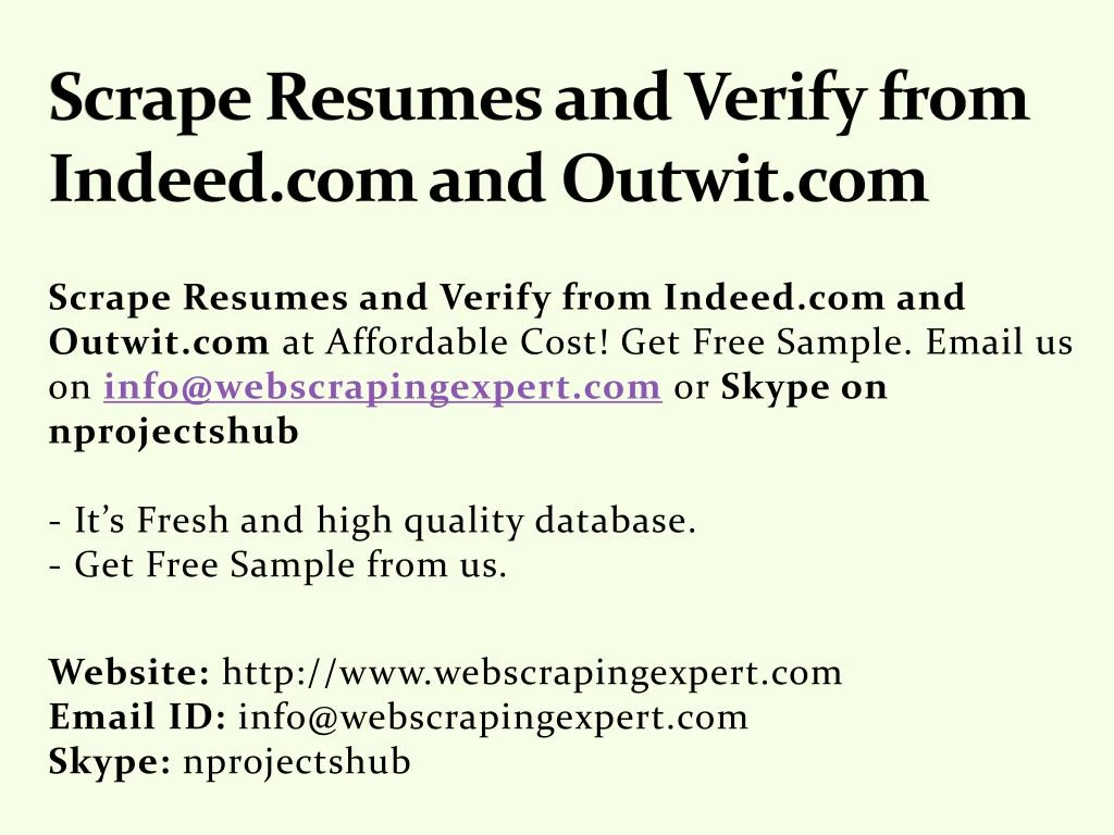 scrape resumes and verify from indeed com and outwit com