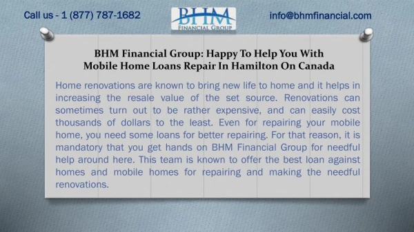 BHM Financial Group: Happy To Help You With Mobile Home Loans Repair In Hamilton On Canada