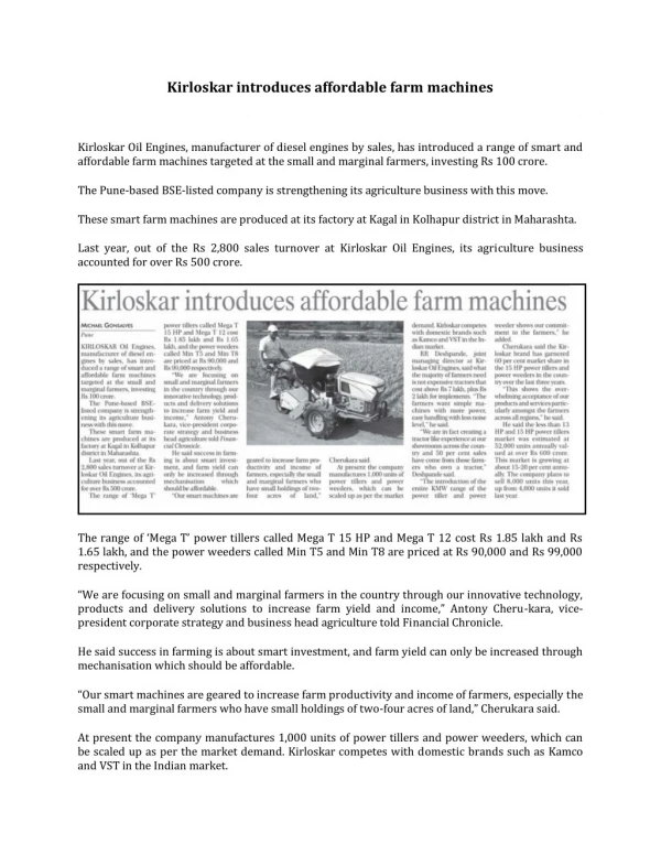 Kirloskar introduces affordable farm machines - KMW Agri