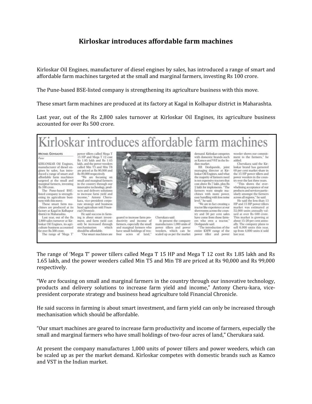kirloskar introduces affordable farm machines