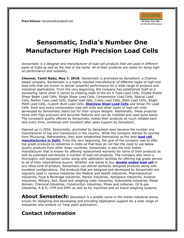 Sensomatic, India’s Number One Manufacturer High Precision Load Cells