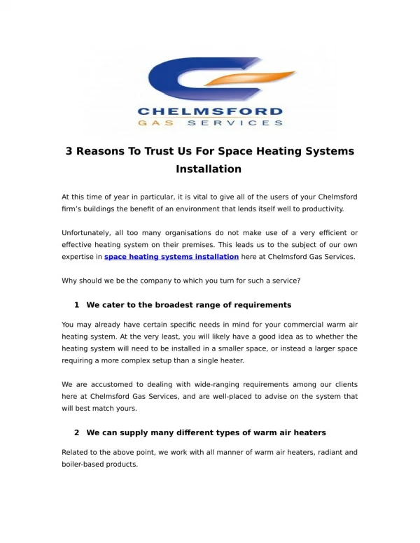 3 Reasons To Trust Us For Space Heating Systems Installation