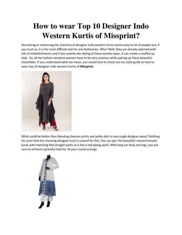 How to wear Top 10 Designer Indo Western Kurtis of Missprint?