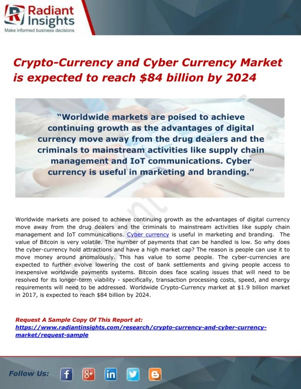 Crypto-Currency and Cyber Currency Market is expected to reach $84 billion by 2024