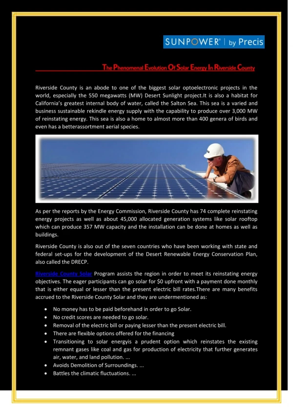 The Phenomenal Evolution Of Solar Energy In Riverside County - SunPower by Precis