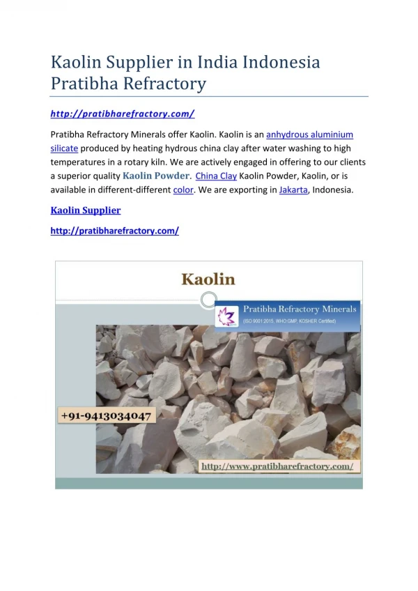 Kaolin Supplier in India Indonesia Pratibha Refractory