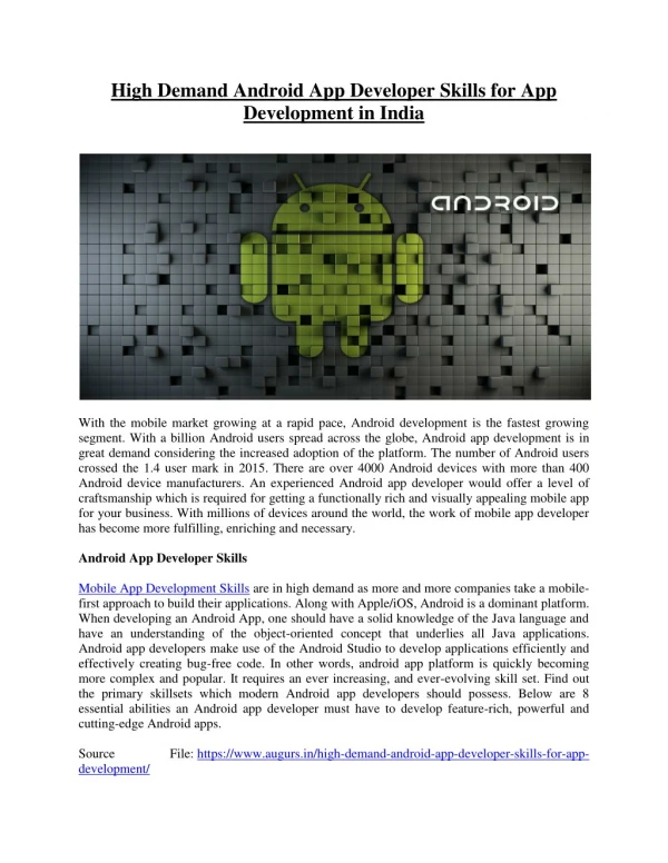 High Demand Android App Developer Skills for App Development in India