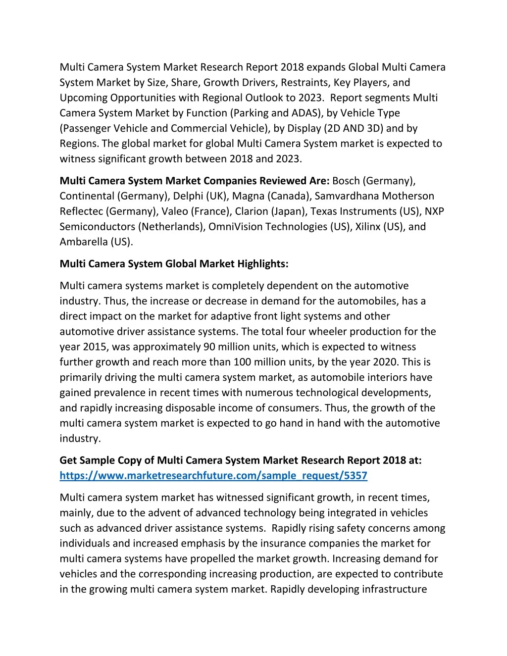 multi camera system market research report 2018