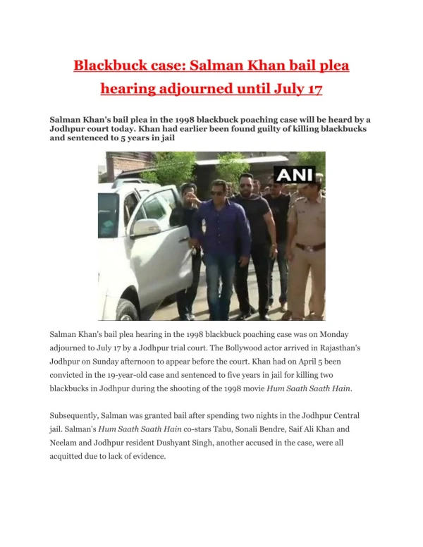 Blackbuck Case - Salman Khan Bail Plea Hearing Adjourned Until July 17