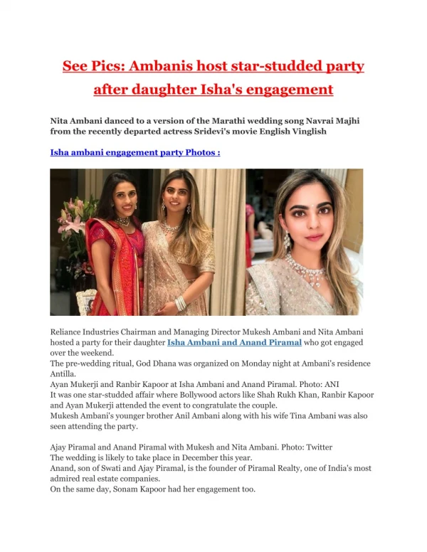 See Pics: Ambanis host star-studded party after daughter Isha's engagement