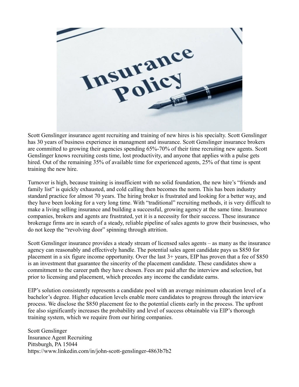 scott genslinger insurance agent recruiting