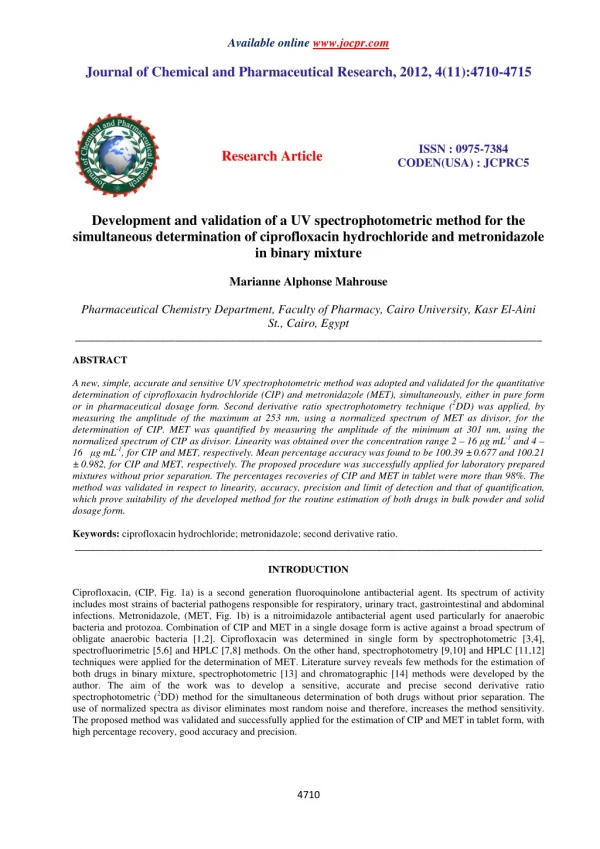 Development and validation of a UV spectrophotometric method for the simultaneous determination of ciprofloxacin hydroch