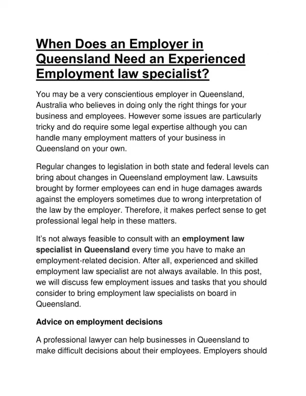 When Does an Employer in Queensland Need an Experienced Employment law specialist?