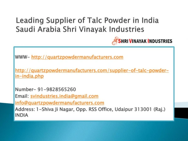 Leading Supplier of Talc Powder in India Saudi Arabia Shri Vinayak Industries