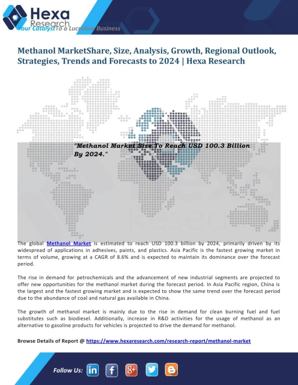 Methanol Market Size, Share, Outlook, Industry Analysis Report,2024