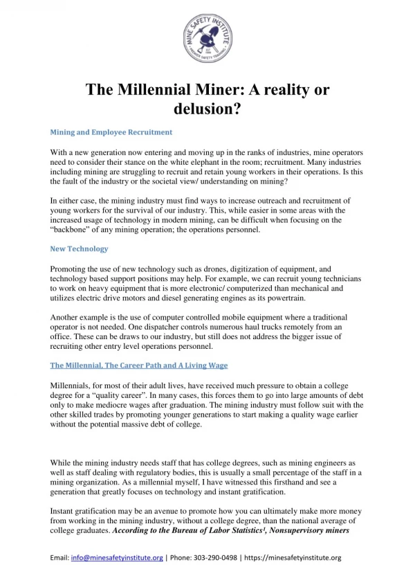 he Millennial Miner - Reality or Delusion - Mine Safety Institute