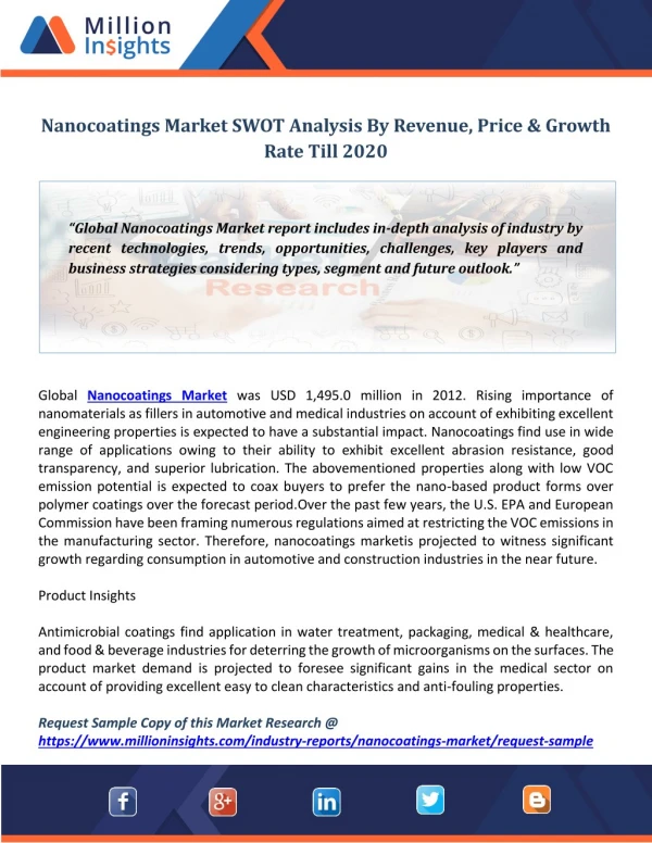 Nanocoatings Market SWOT Analysis By Revenue, Price & Growth Rate Till 2020