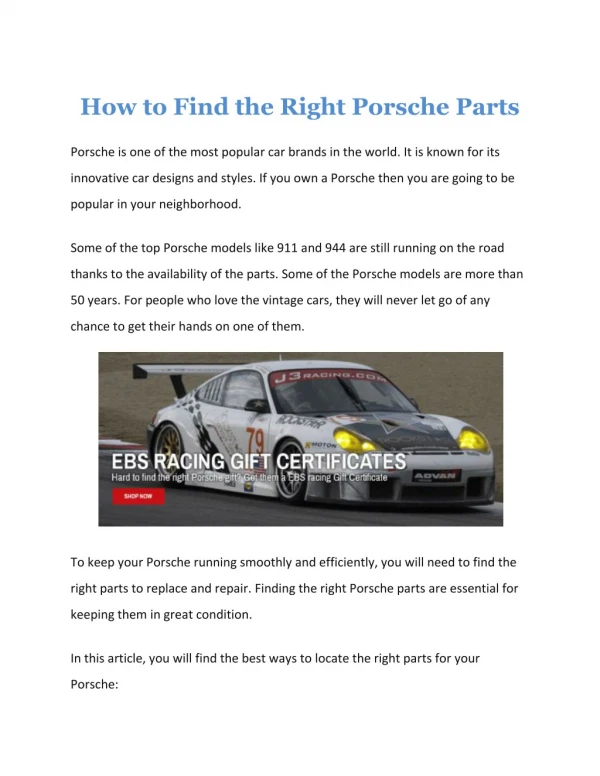 Porsche Parts | Porsche Parts Online | EBS Racing