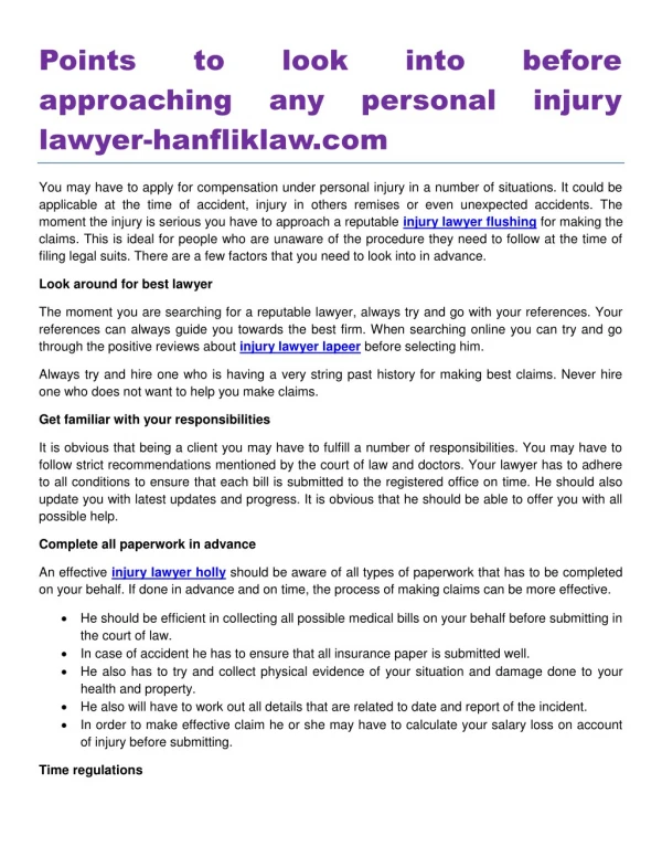 Points to look into before approaching any personal injury lawyer-hanfliklaw.com