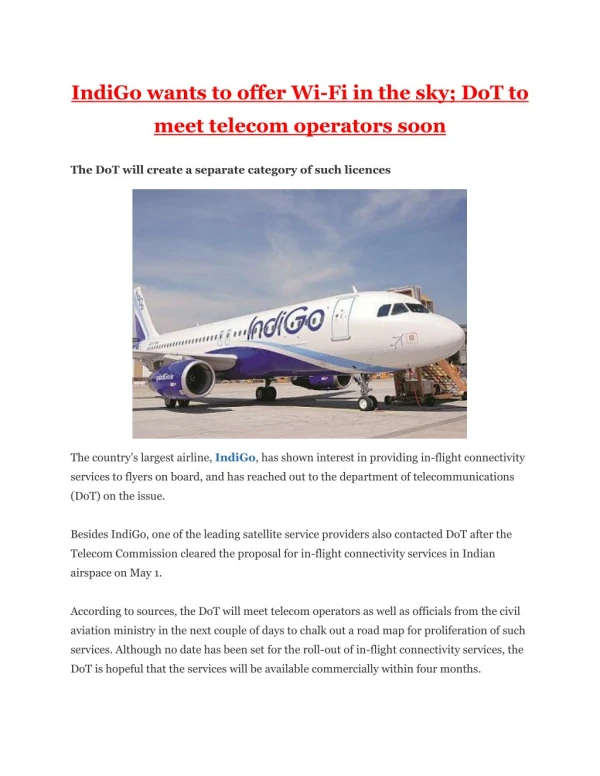 Indigo wants to offer wi fi in the sky; dot to meet telecom operators soon