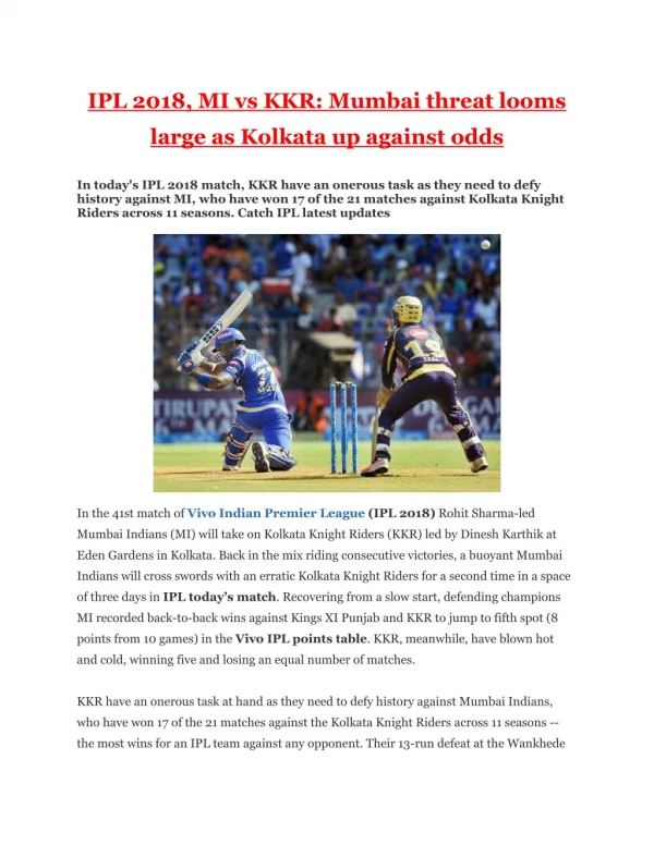 IPL 2018, MI vs KKR: Mumbai threat looms large as Kolkata up against odds