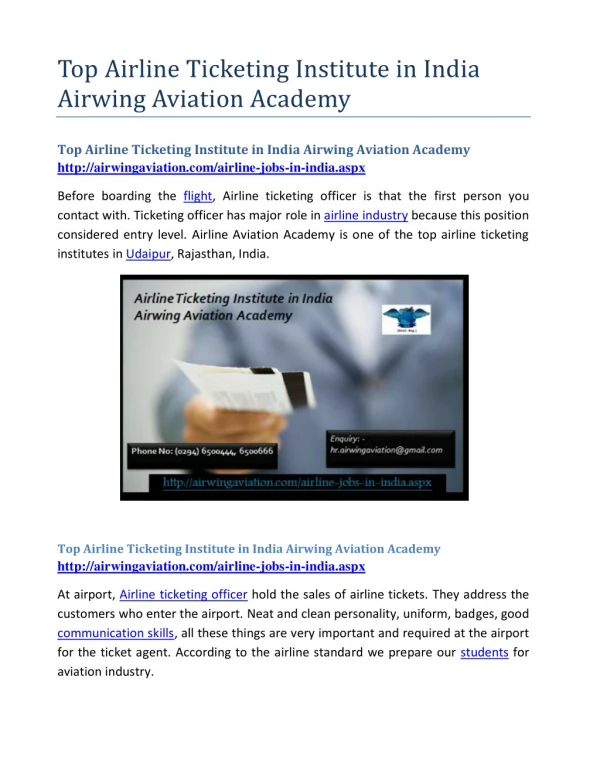 Top Airline Ticketing Institute in India Airwing Aviation Academy