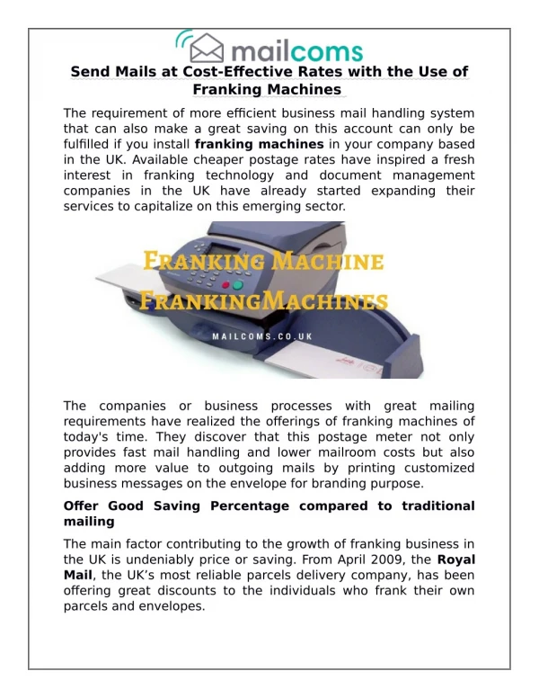 Send Mails at Cost-Effective Rates with the Use of Franking Machines