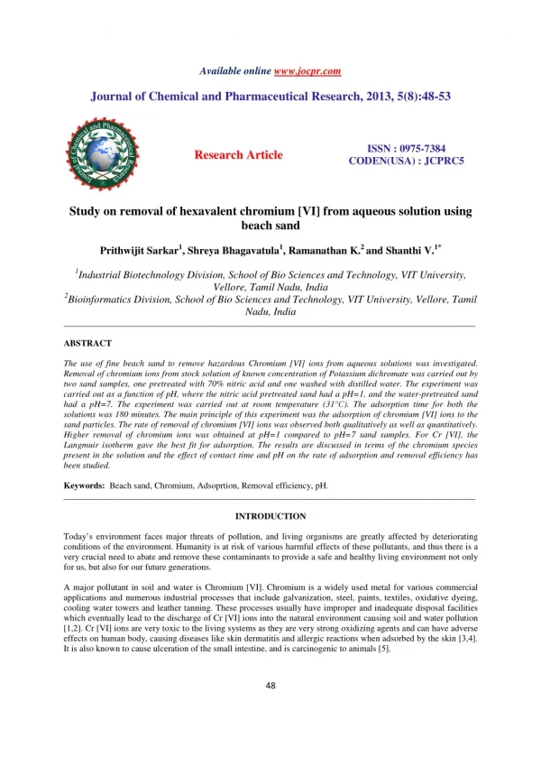 Study on removal of hexavalent chromium [VI] from aqueous solution using beach sand