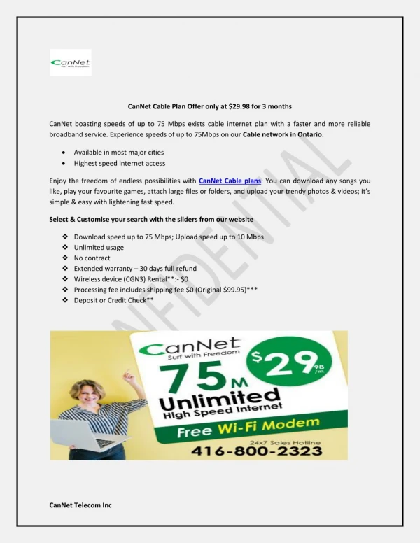 CanNet Cable Plan Offer only at $29.98 for 3 months