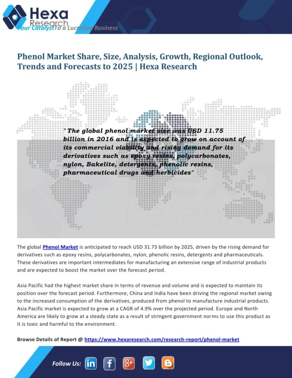 Global Phenol Industry Analysis, Size, Demand and Forecast to 2025