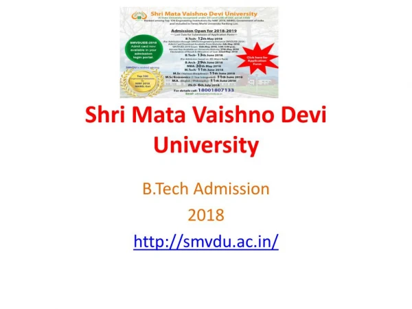 SMVDU Engraining College B.Tech Admission Start till 12 may 2018