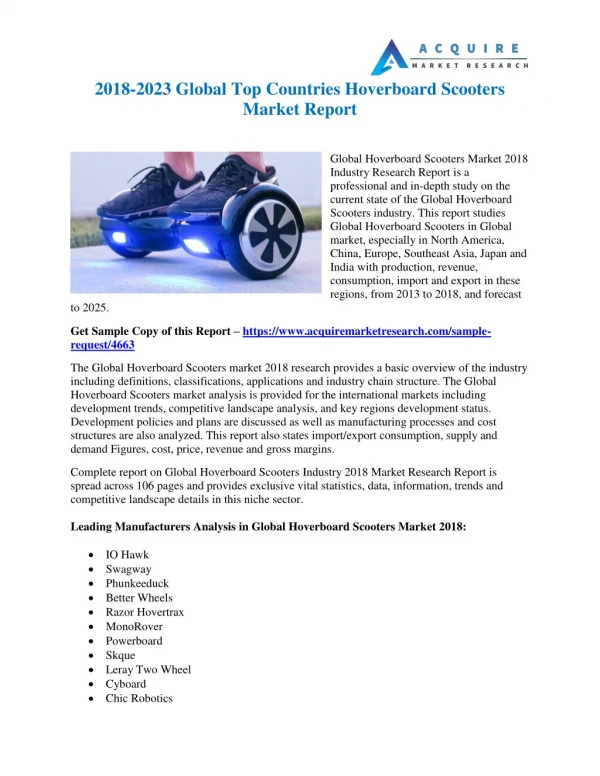 Hoverboard Scooters Market Size, Analysis, Competitive Strategies and Forecasts, 2018-2025