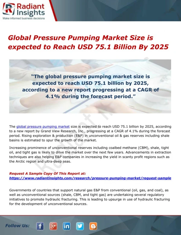 Global Pressure Pumping Market Size is expected to Reach USD 75.1 Billion By 2025