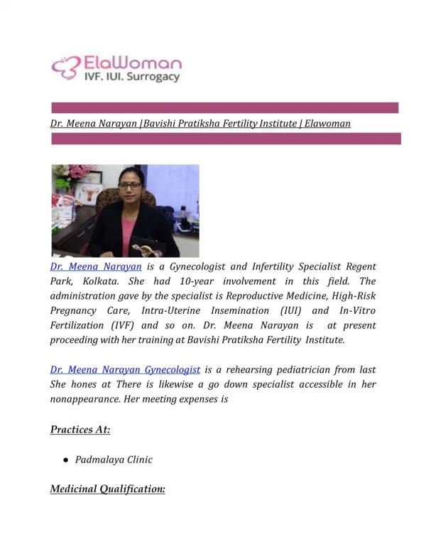 Dr. Meena Narayan | Bavishi Pratiksha Fertility Institute | Elawoman
