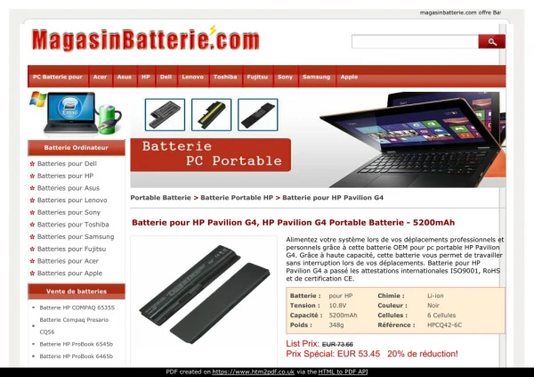 Batterie pour HP Pavilion G4, HP Pavilion G4 Portable Batterie