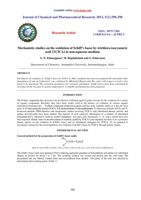 Mechanistic studies on the oxidation of Schiff’s bases by trichloro-isocyanuric acid [TCICA] in non-aqueous medium