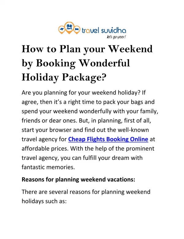 How to Plan your Weekend by Booking Wonderful Holiday Package?