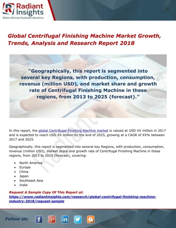 Global Centrifugal Finishing Machine Market Growth, Trends, Analysis and Research Report 2018