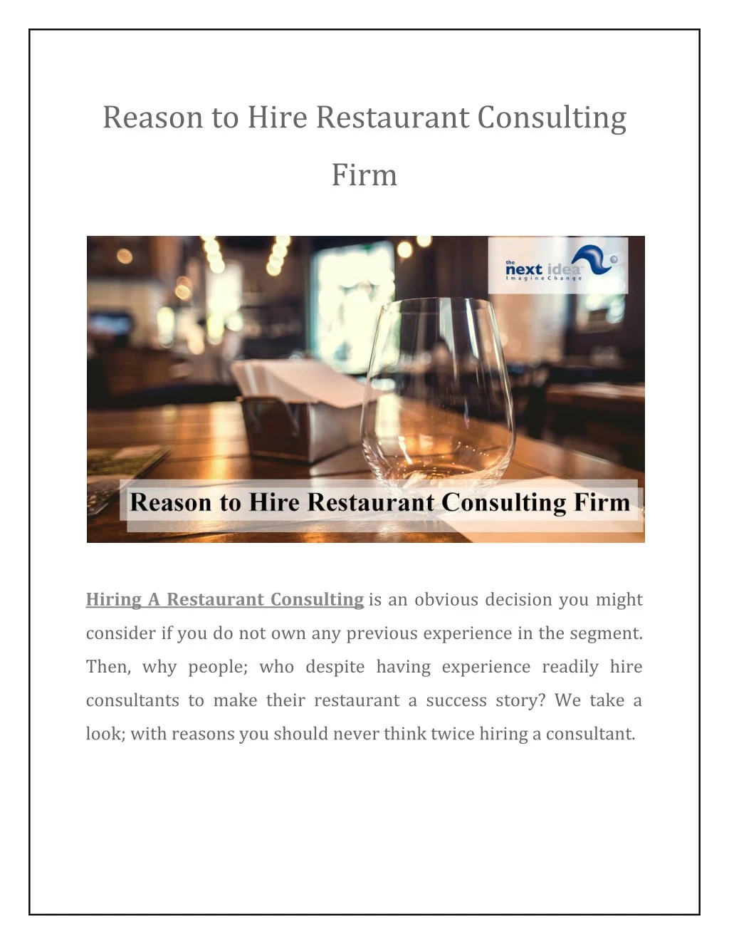 reason to hire restaurant consulting