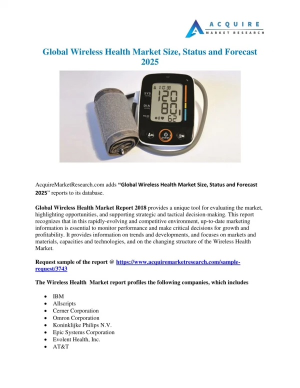 Wireless Health Market Analysis- Size, Share, Sales, Growth, Forecast, Segment, Application Analysis 2018