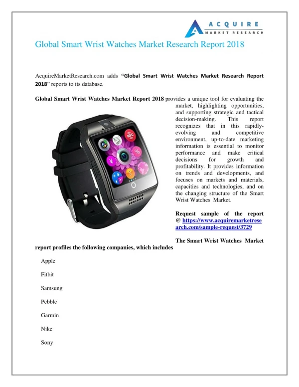 Smart Wrist Watches Market Analysis- Size, Share, Sales, Growth, Forecast, Segment, Application Analysis 2018